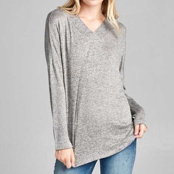 Active USA Gray V-Neck Long Sleeve Marbled Heathered Top - Picture 1 of 7